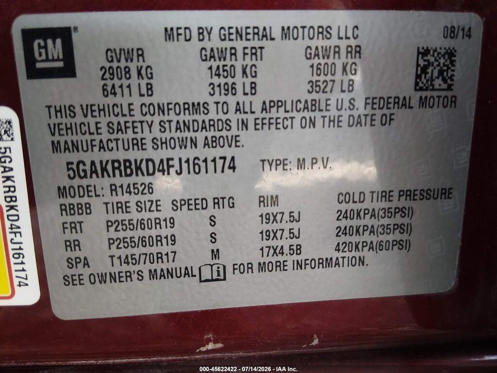 5GAKRBKD4FJ161174 2015 BUICK ENCLAVE photo no. 9