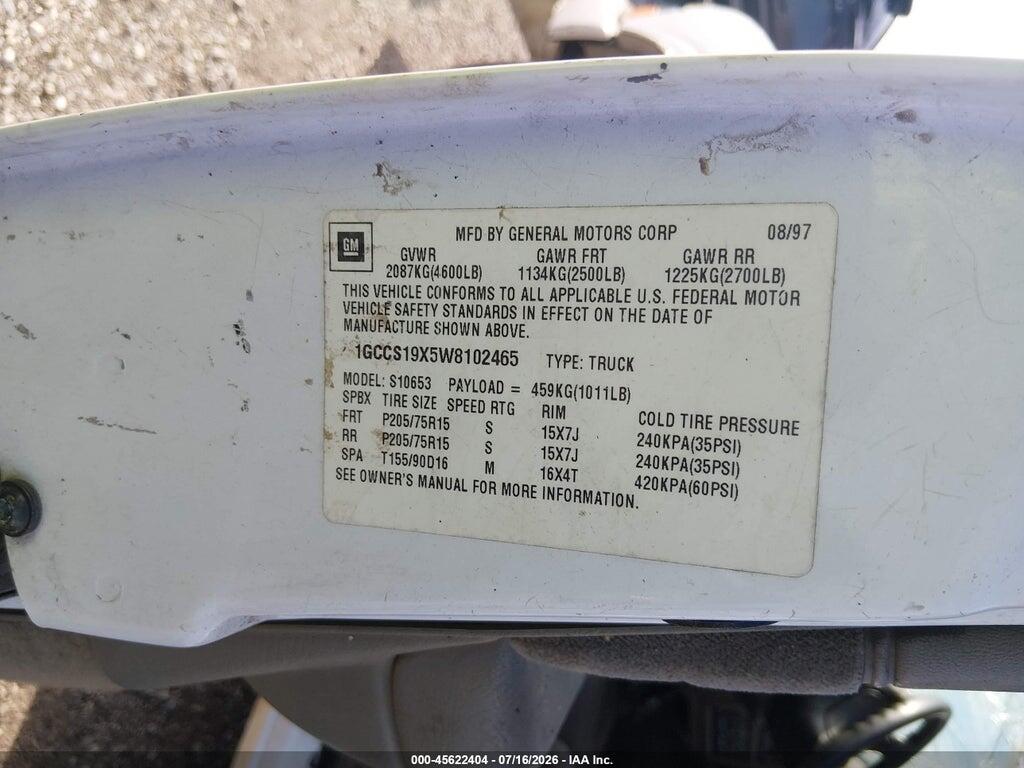 1GCCS19X5W8102465 1998 CHEVROLET S-10 photo no. 9