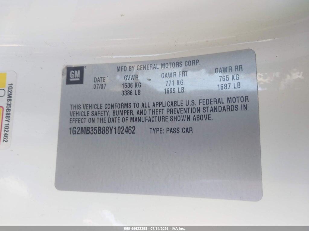 1G2MB35B88Y102462 2008 PONTIAC SOLSTICE photo no. 9
