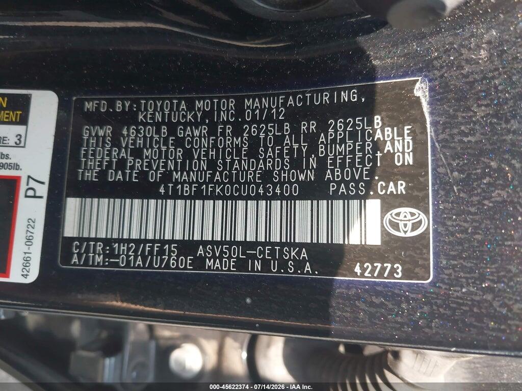 4T1BF1FK0CU043400 2012 TOYOTA CAMRY photo no. 9