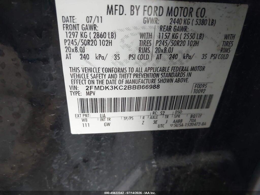 2FMDK3KC2BBB66988 2011 FORD EDGE photo no. 9
