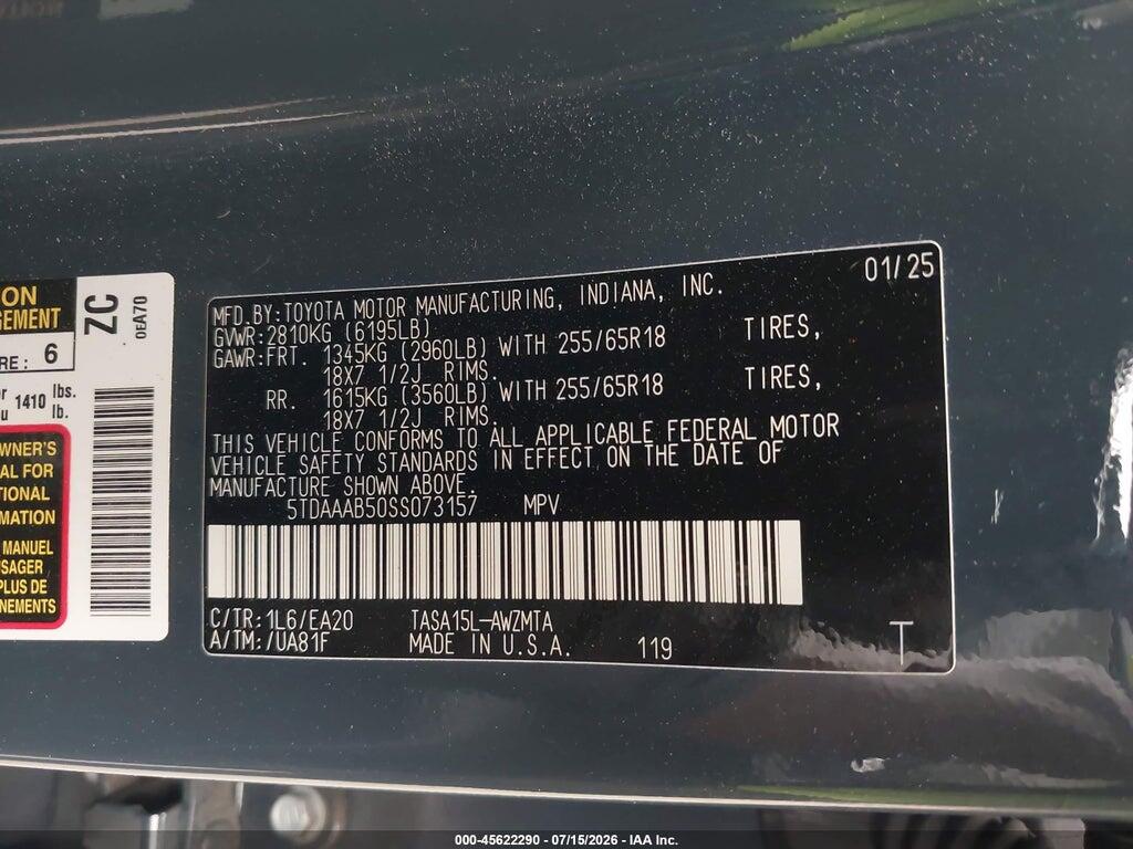 5TDAAAB50SS073157 2025 TOYOTA GRAND HIGHLANDER photo no. 9