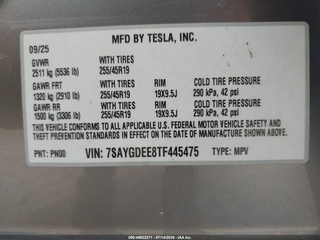 7SAYGDEE8TF445475 2026 TESLA MODEL Y photo no. 9