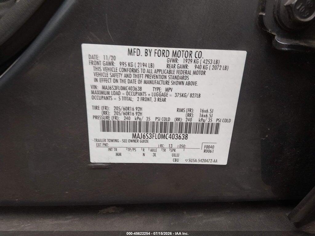 MAJ6S3FL0MC403638 2021 FORD ECOSPORT photo no. 9