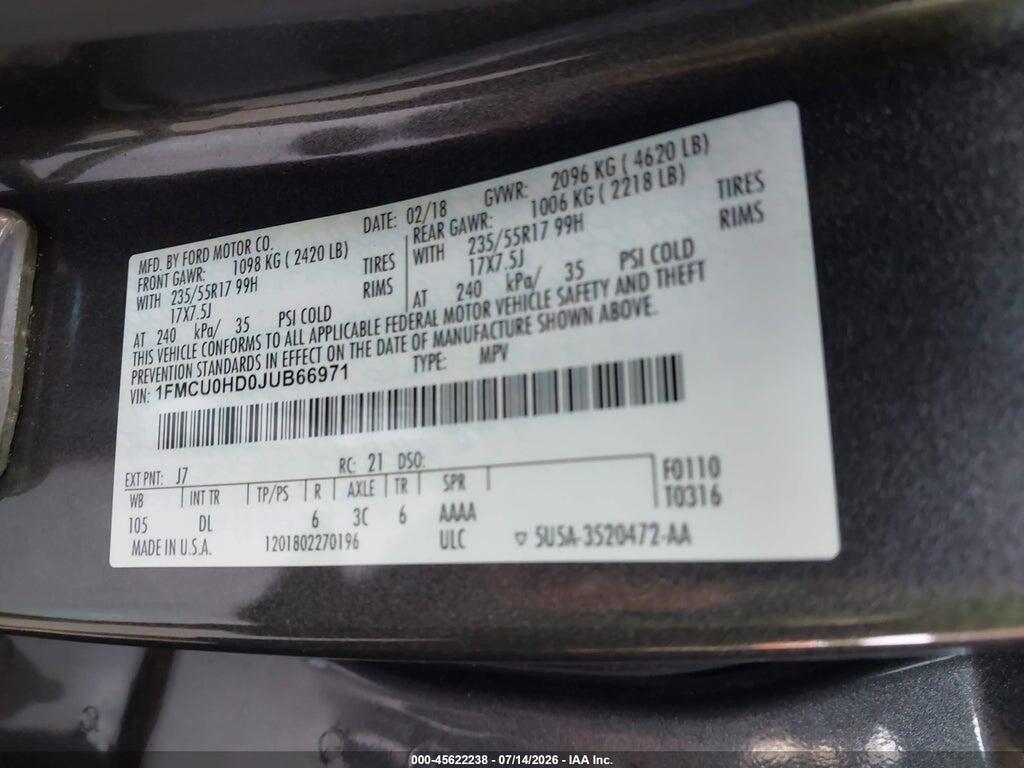 1FMCU0HD0JUB66971 2018 FORD ESCAPE photo no. 9