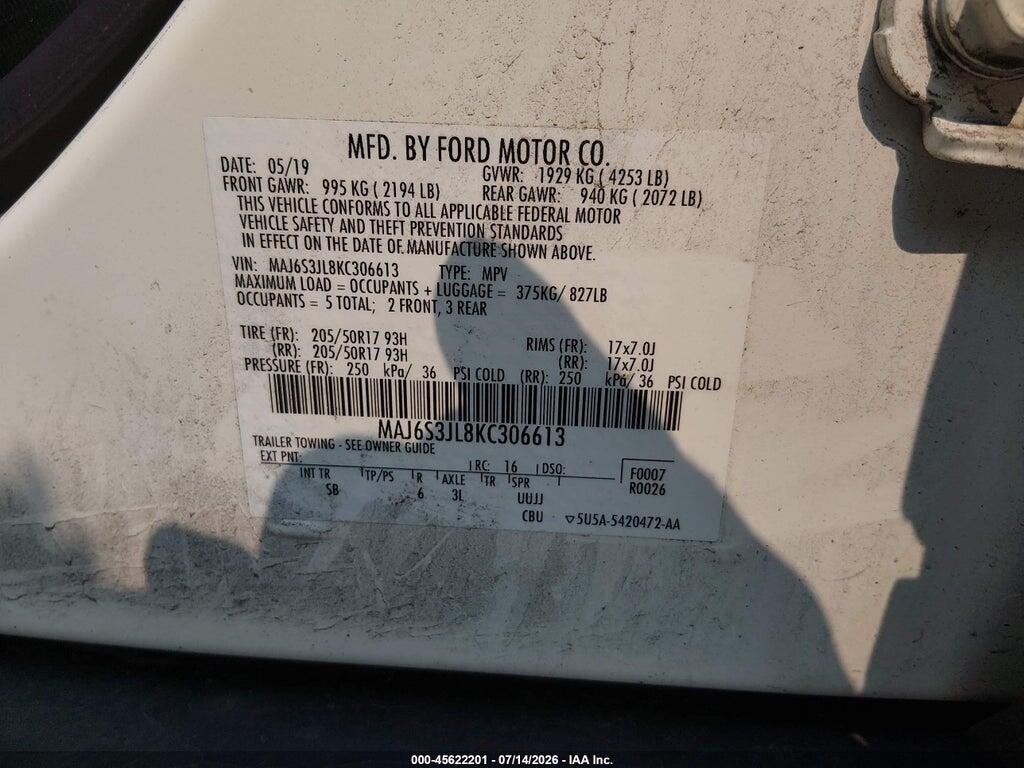 MAJ6S3JL8KC306613 2019 FORD ECOSPORT photo no. 9
