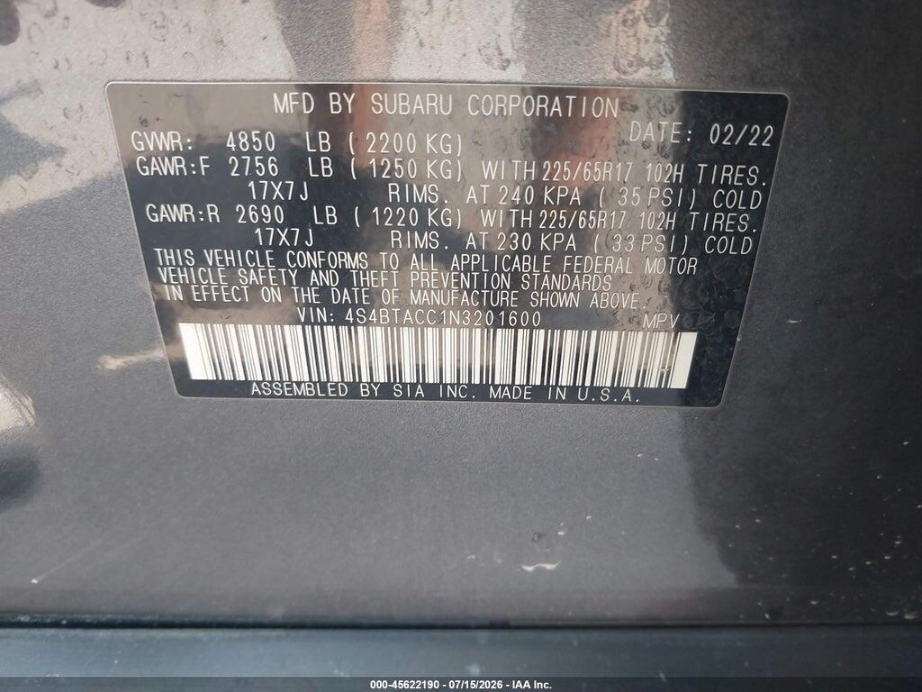 4S4BTACC1N3201600 2022 SUBARU OUTBACK photo no. 9