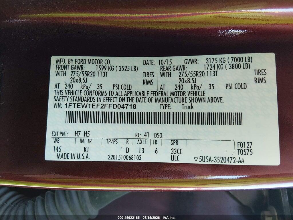 1FTEW1EF2FFD04718 2015 FORD F-150 photo no. 9