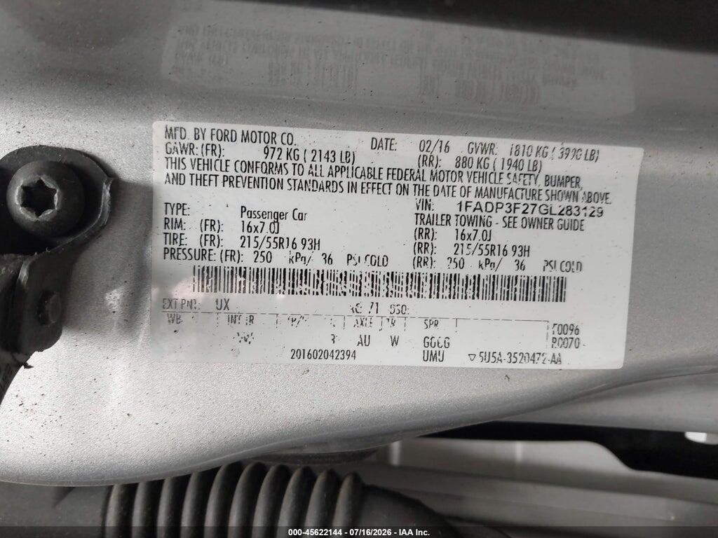 1FADP3F27GL283129 2016 FORD FOCUS photo no. 9