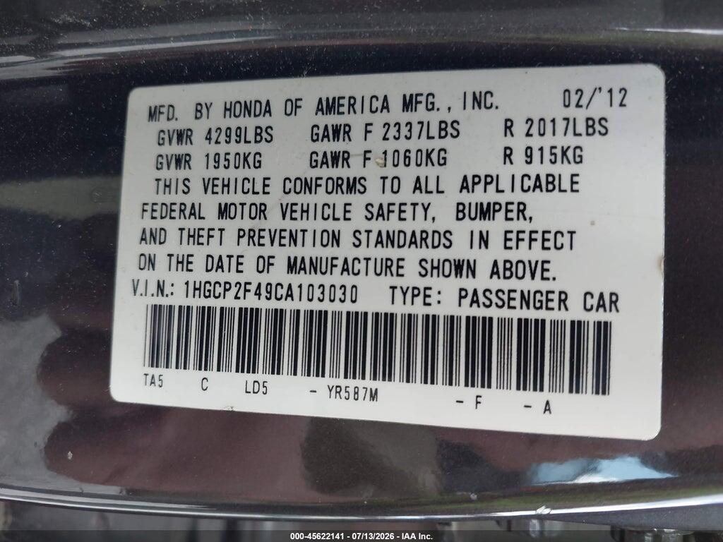 1HGCP2F49CA103030 2012 HONDA ACCORD photo no. 9