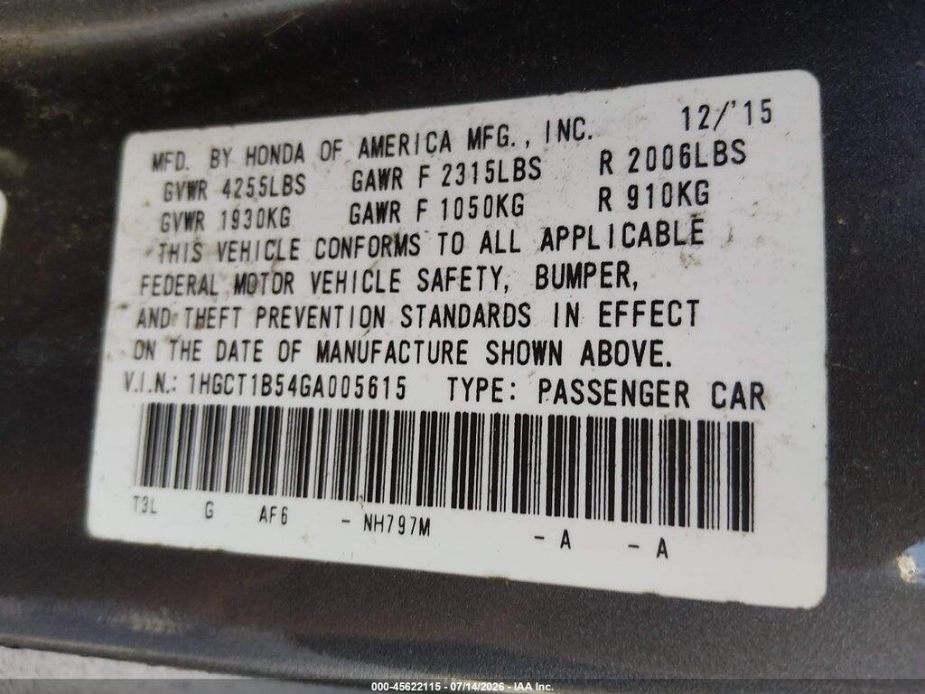1HGCT1B54GA005615 2016 HONDA ACCORD photo no. 9