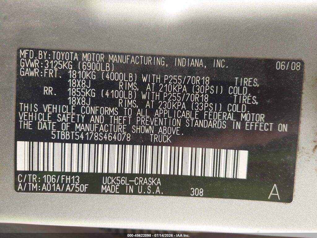 5TBBT54178S464078 2008 TOYOTA TUNDRA photo no. 9