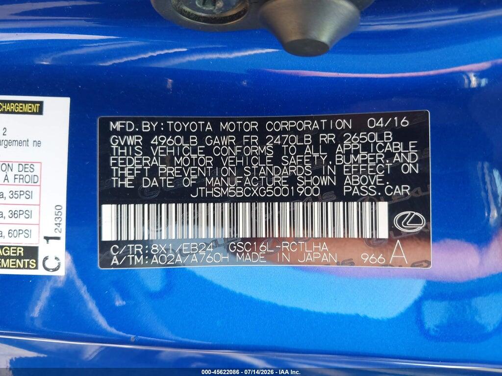 JTHSM5BCXG5001900 2016 LEXUS RC 300 photo no. 9