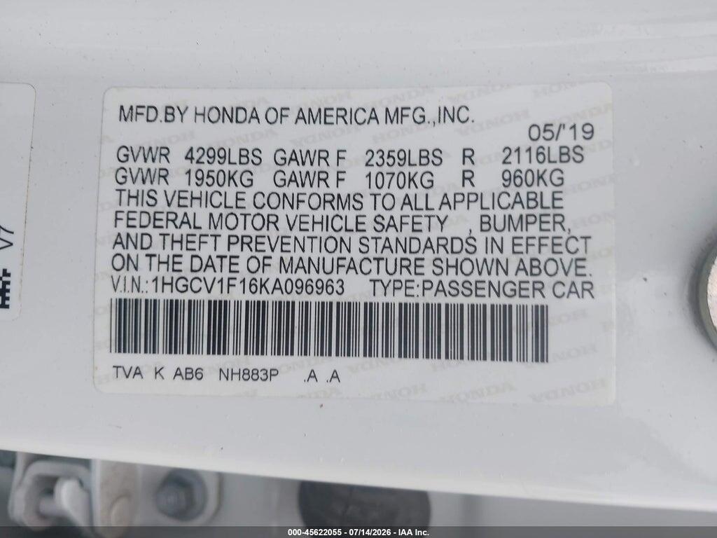 1HGCV1F16KA096963 2019 HONDA ACCORD photo no. 9