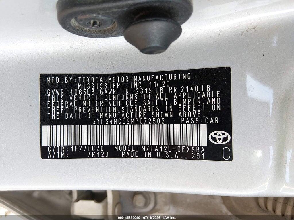 5YFS4MCE9MP072502 2021 TOYOTA COROLLA photo no. 9