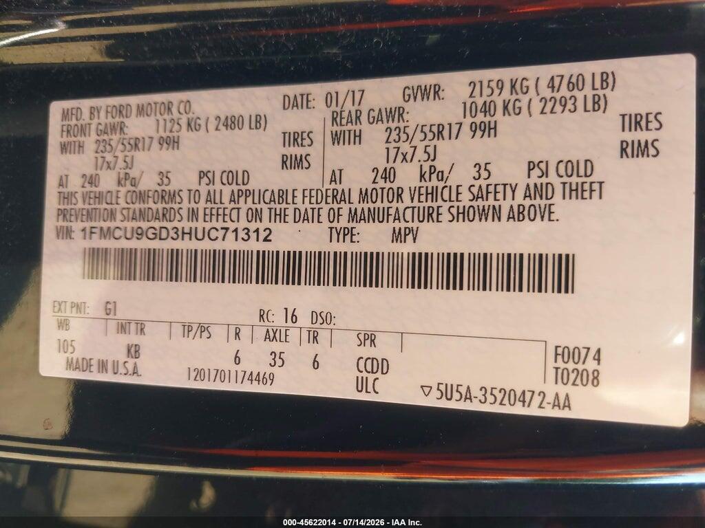 1FMCU9GD3HUC71312 2017 FORD ESCAPE photo no. 9