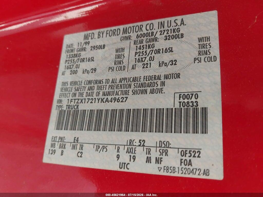 1FTZX1721YKA49627 2000 FORD F-150 photo no. 9