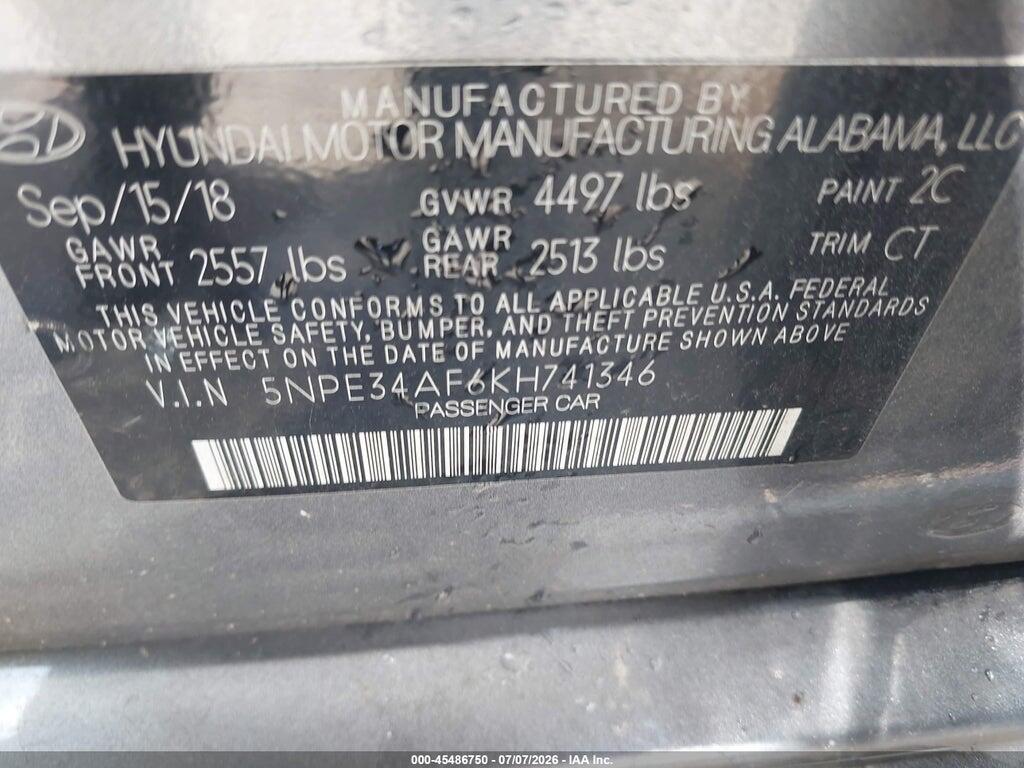 5NPE34AF6KH741346 2019 HYUNDAI SONATA photo no. 9