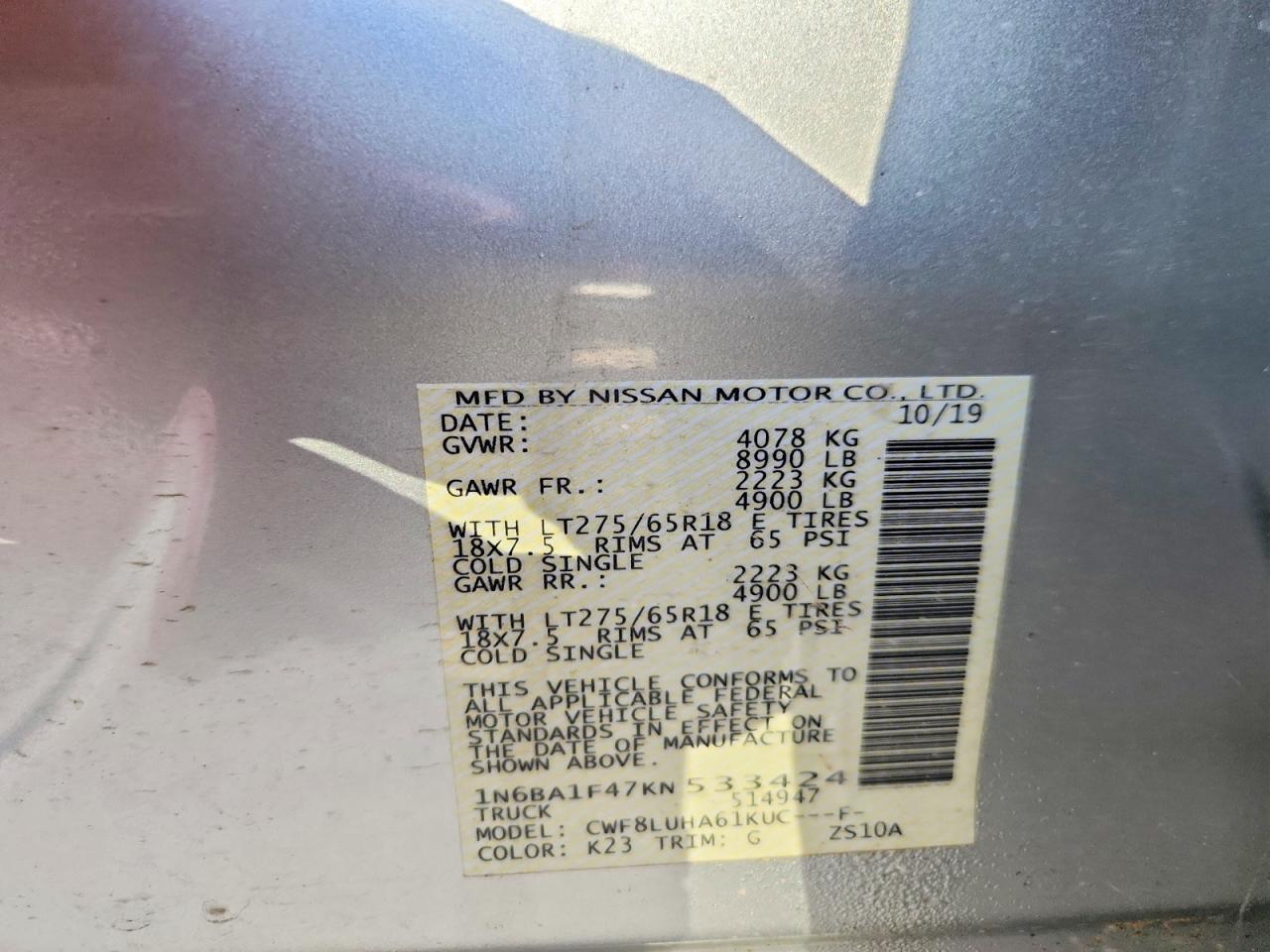 1N6BA1F47KN533424 2019 NISSAN TITAN XD photo no. 12