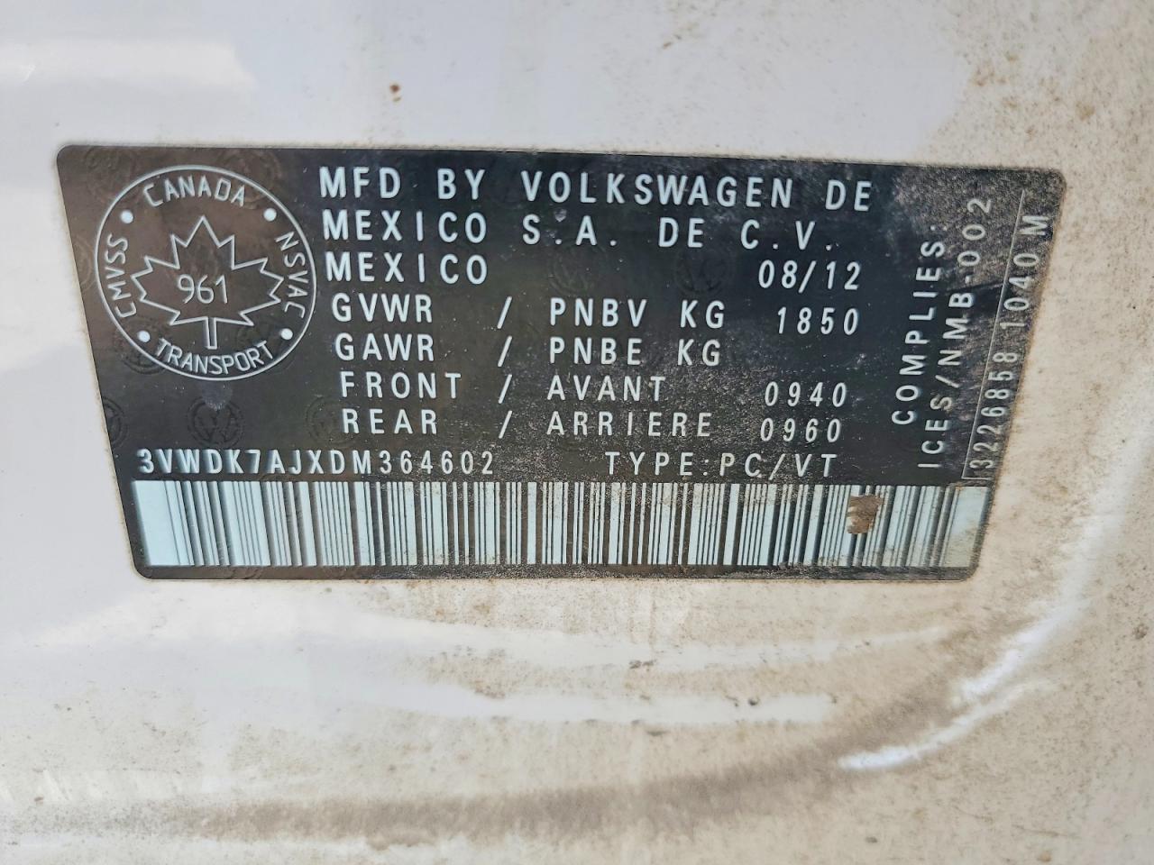 3VWDK7AJXDM364602 2013 VOLKSWAGEN JETTA photo no. 12