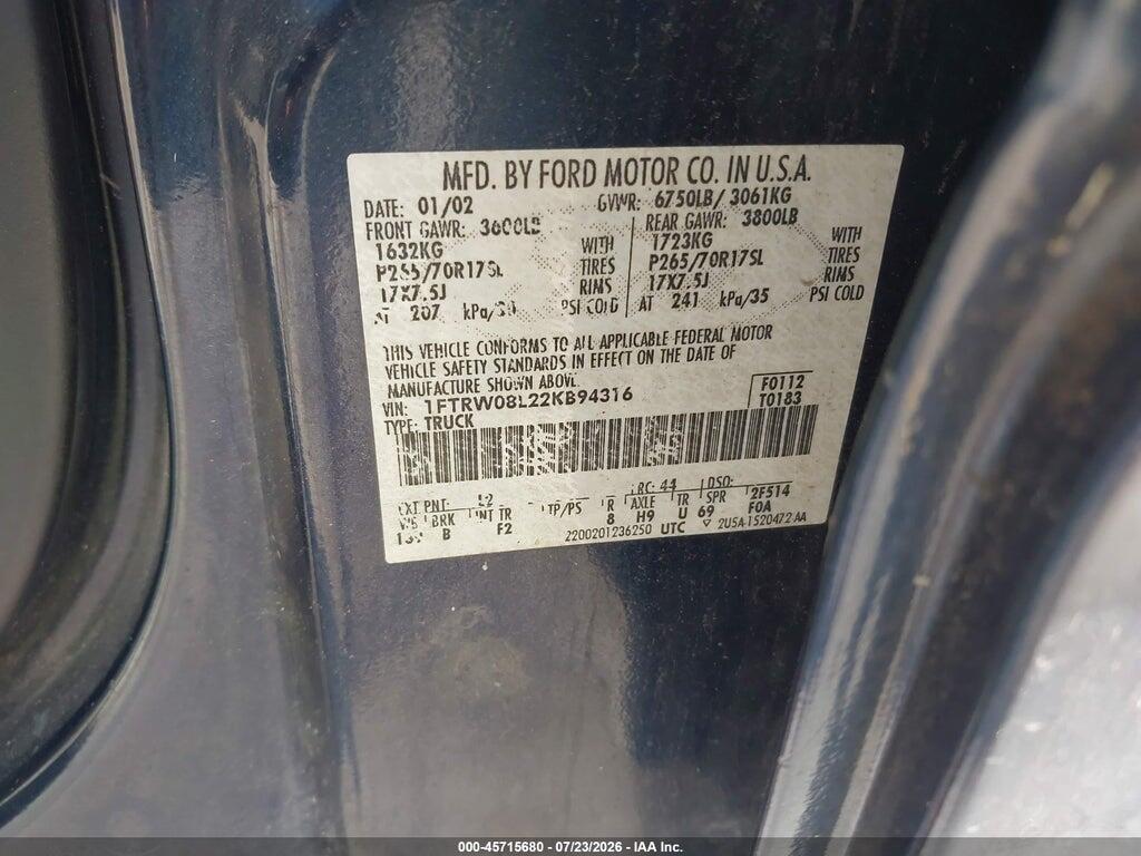1FTRW08L22KB94316 2002 FORD F-150 photo no. 9