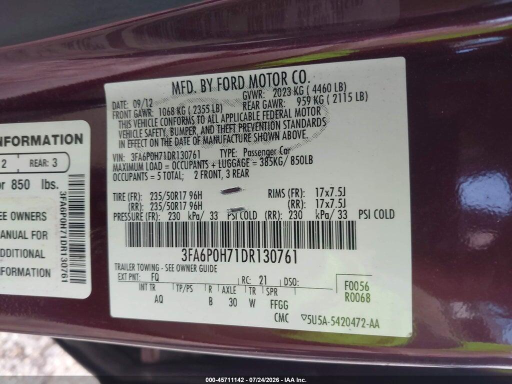 3FA6P0H71DR130761 2013 FORD FUSION photo no. 9