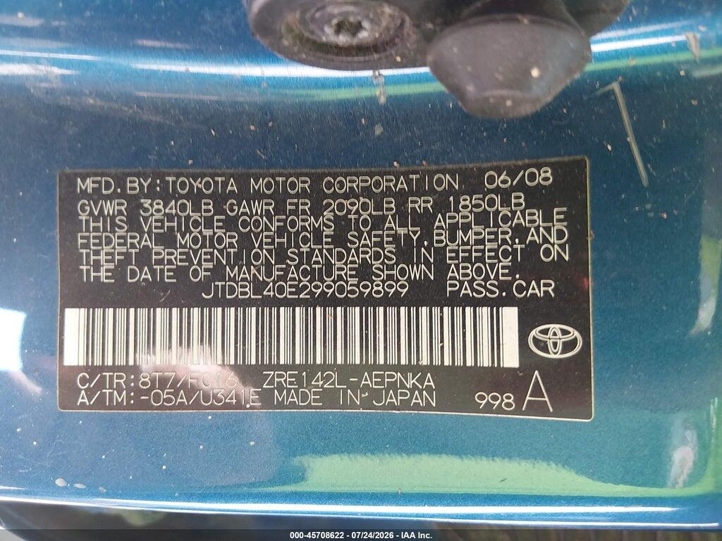 JTDBL40E299059899 2009 TOYOTA COROLLA photo no. 9