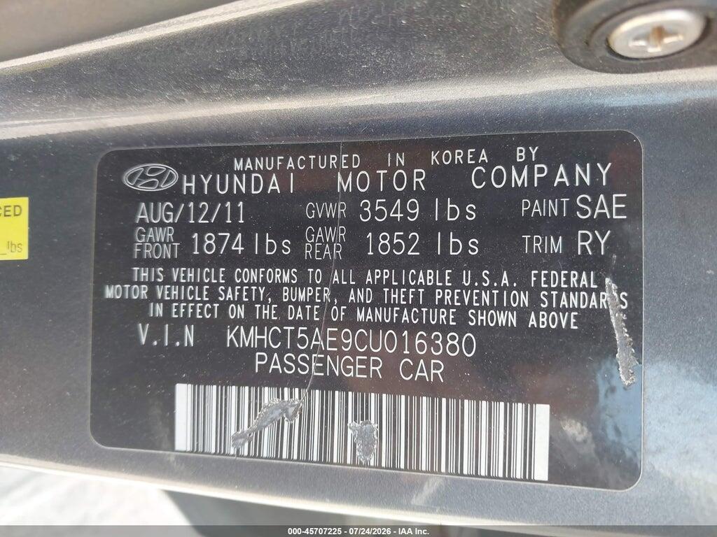 KMHCT5AE9CU016380 2012 HYUNDAI ACCENT photo no. 9