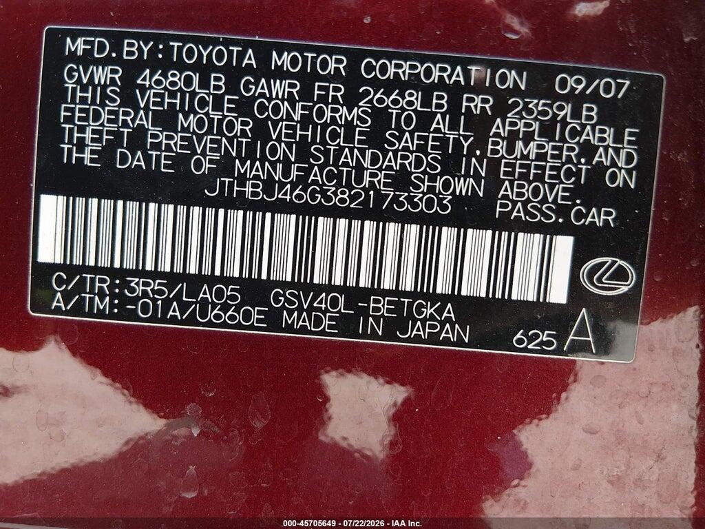 JTHBJ46G382173303 2008 LEXUS ES 350 photo no. 9