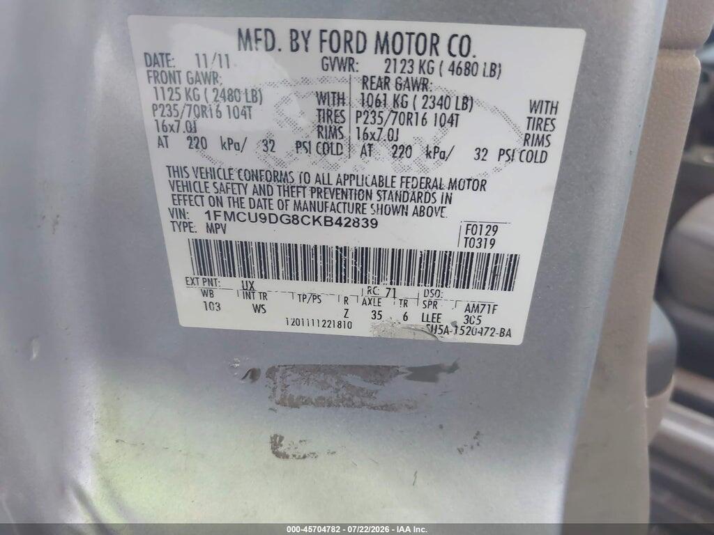 1FMCU9DG8CKB42839 2012 FORD ESCAPE photo no. 9