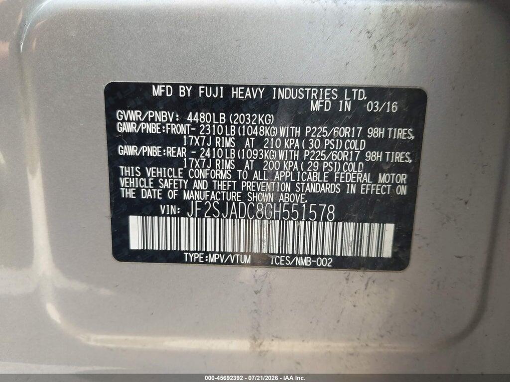 JF2SJADC8GH551578 2016 SUBARU FORESTER photo no. 9