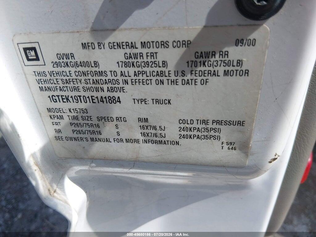1GTEK19T01E141884 2001 GMC SIERRA 1500 photo no. 9