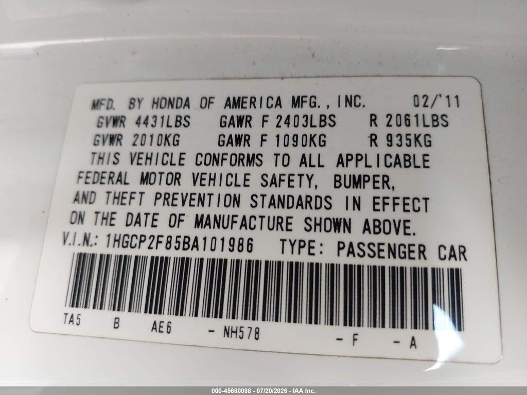 1HGCP2F85BA101986 2011 HONDA ACCORD photo no. 9