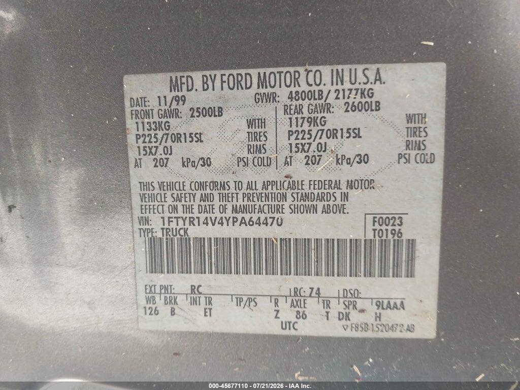 1FTYR14V4YPA64470 2000 FORD RANGER photo no. 9