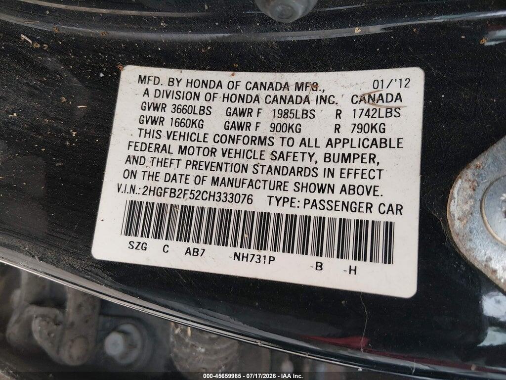 2HGFB2F52CH333076 2012 HONDA CIVIC photo no. 9