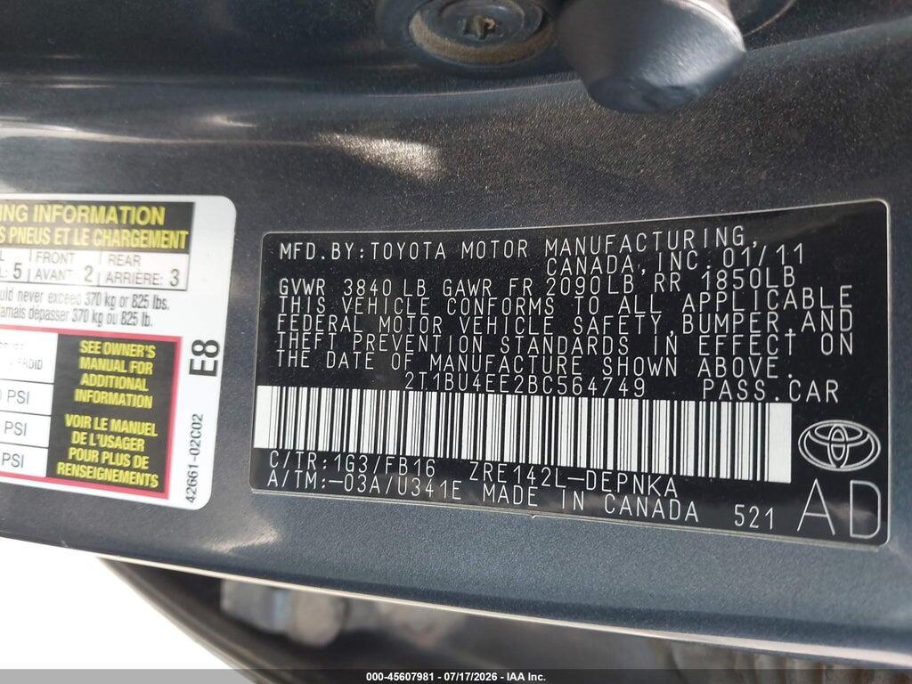 2T1BU4EE2BC564749 2011 TOYOTA COROLLA photo no. 9