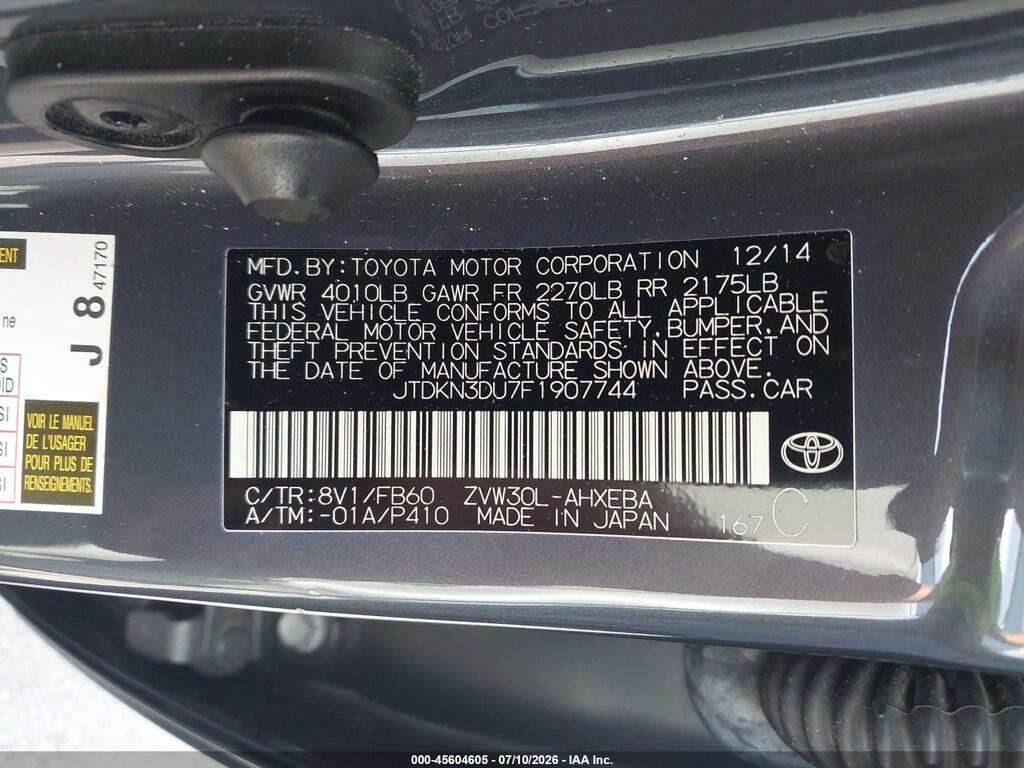 JTDKN3DU7F1907744 2015 TOYOTA PRIUS photo no. 9
