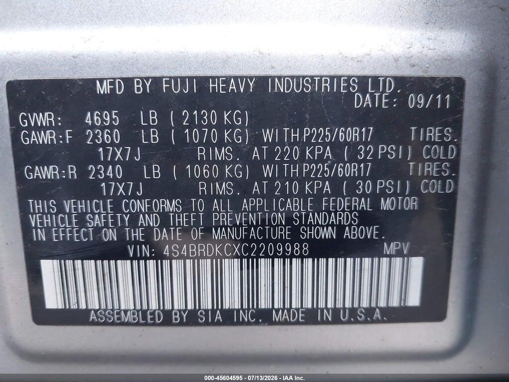 4S4BRDKCXC2209988 2012 SUBARU OUTBACK photo no. 9