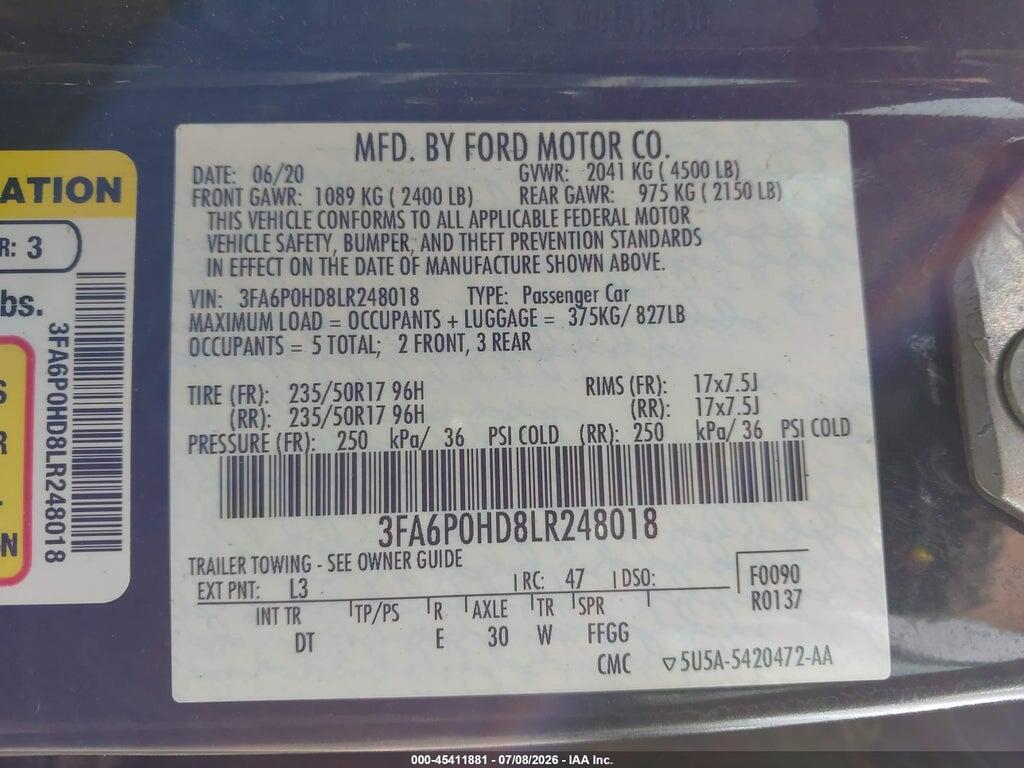 3FA6P0HD8LR248018 2020 FORD FUSION photo no. 9