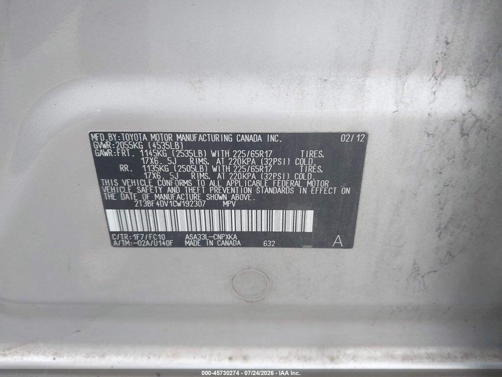 2T3BF4DV1CW192307 2012 TOYOTA RAV4 photo no. 9
