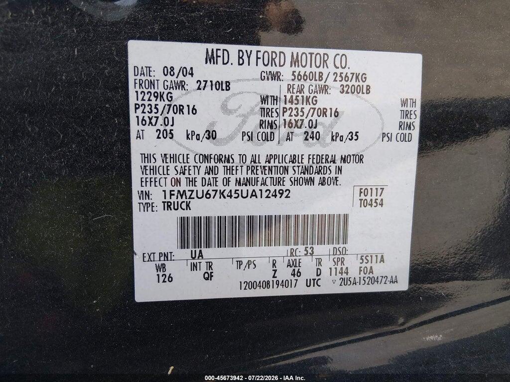 1FMZU67K45UA12492 2005 FORD EXPLORER SPORT TRAC photo no. 9