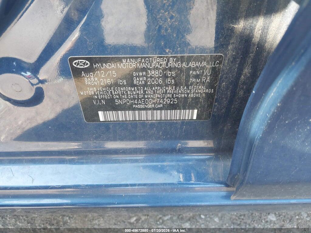 5NPDH4AE0GH742925 2016 HYUNDAI ELANTRA photo no. 9