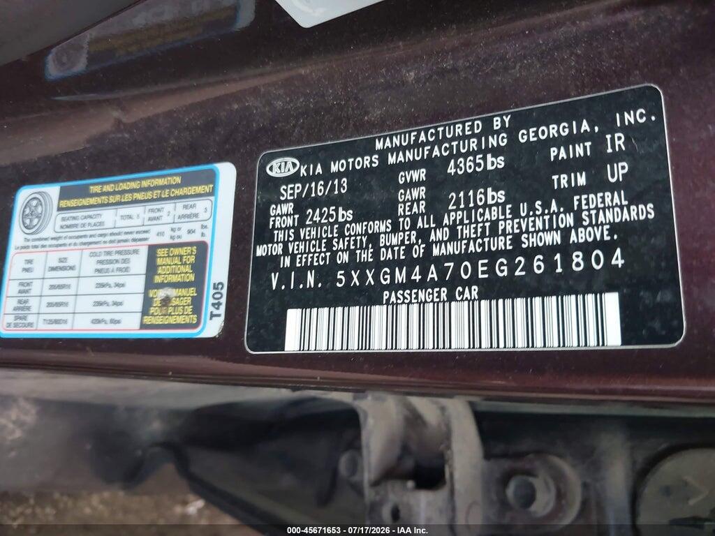 5XXGM4A70EG261804 2014 KIA OPTIMA photo no. 9