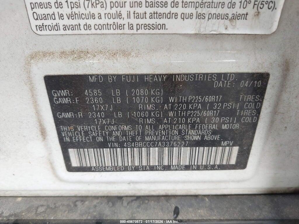 4S4BRCCC7A3376227 2010 SUBARU OUTBACK photo no. 9