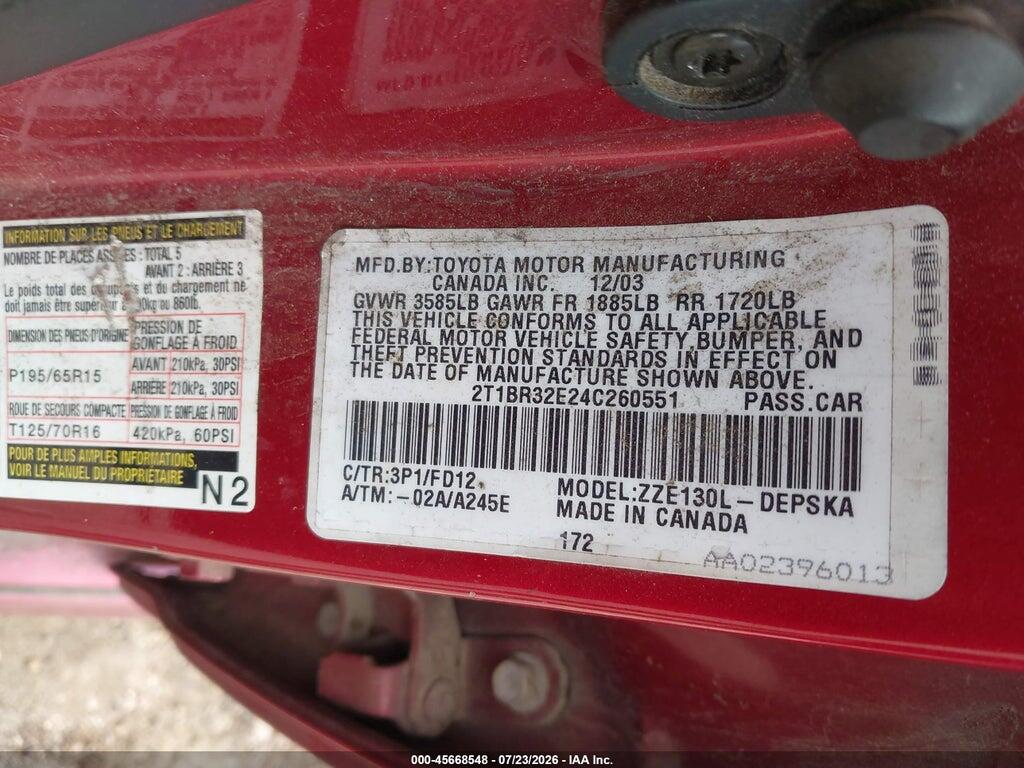 2T1BR32E24C260551 2004 TOYOTA COROLLA photo no. 9