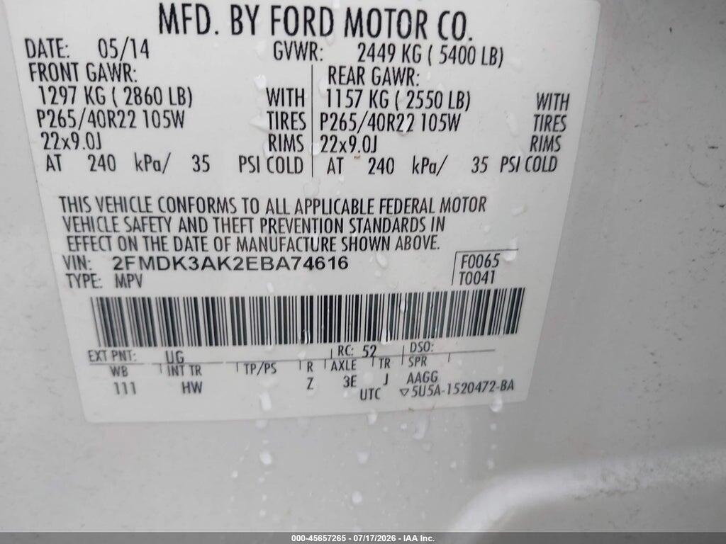 2FMDK3AK2EBA74616 2014 FORD EDGE photo no. 9