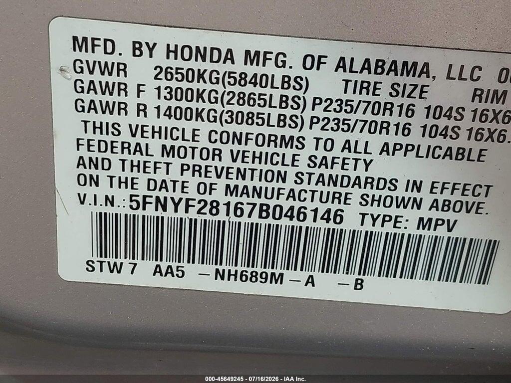 5FNYF28167B046146 2007 HONDA PILOT photo no. 9