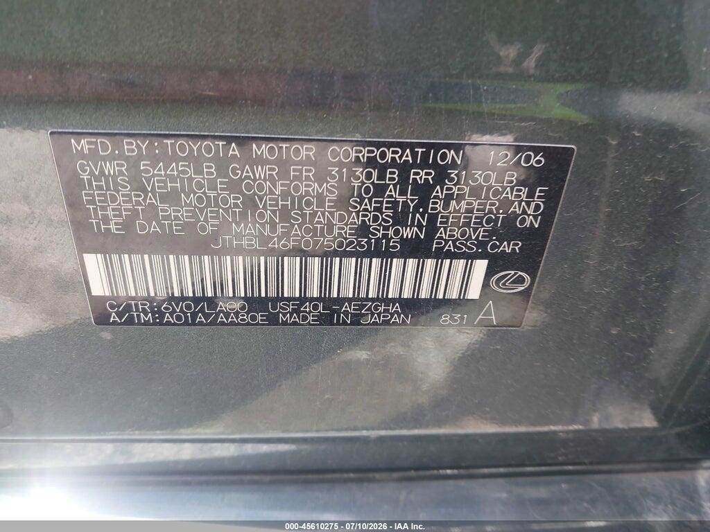 JTHBL46F075023115 2007 LEXUS LS 460 photo no. 9