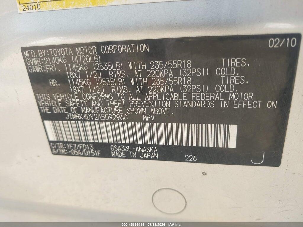 JTMRK4DV2A5092960 2010 TOYOTA RAV4 photo no. 9