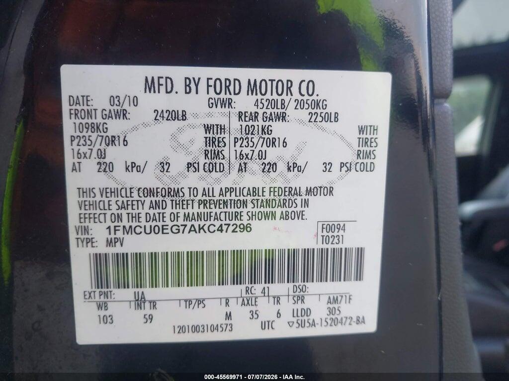 1FMCU0EG7AKC47296 2010 FORD ESCAPE photo no. 9